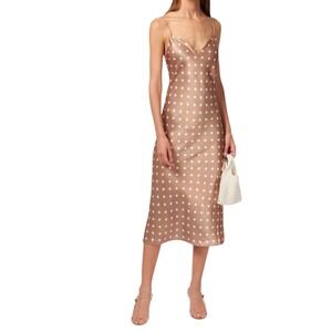 CAMI NYC Polka Dot Slip Myla Midi Dress Tan White XS Spaghetti Straps Tie Back